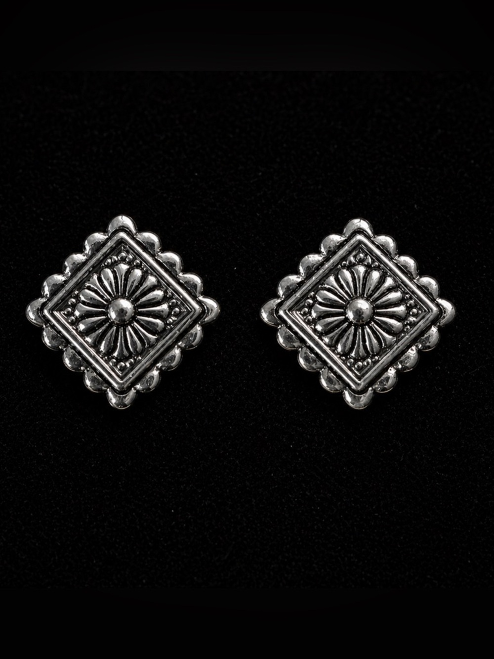 Sterling Silver Concho Stud Earrings Western Floral Square NEW
